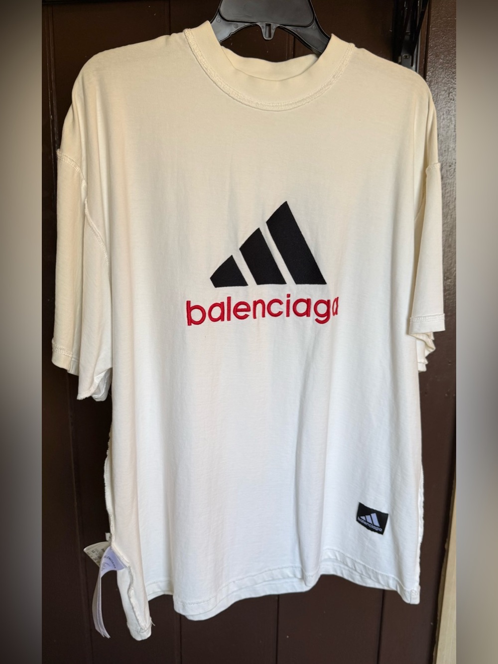 Balenciaga embroidered White Short-Sleeve Logo Tee with Black and Red Accents